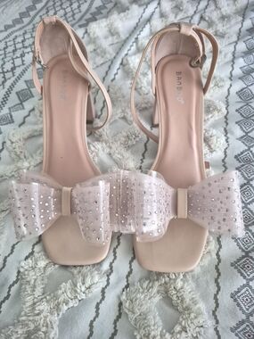 Nude Bow Ankle-Strap Block Heels